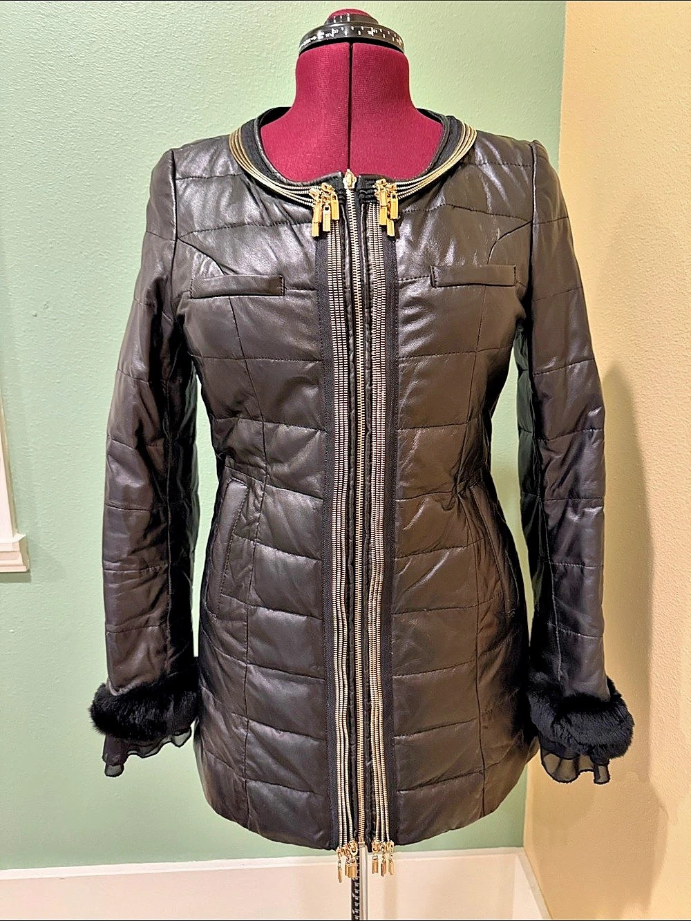 Black Leather Puffer Jacket with white duck down filling